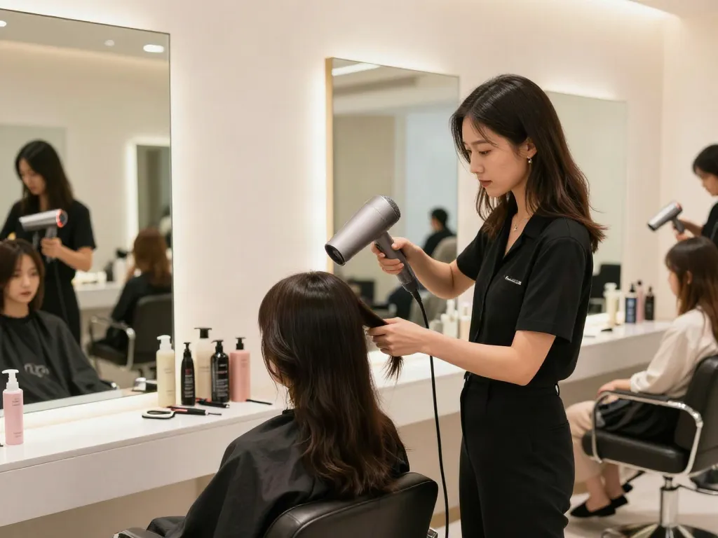 Friseur verwendet einen Ionen-Haartrockner im modernen Salon für glänzendes Haar.