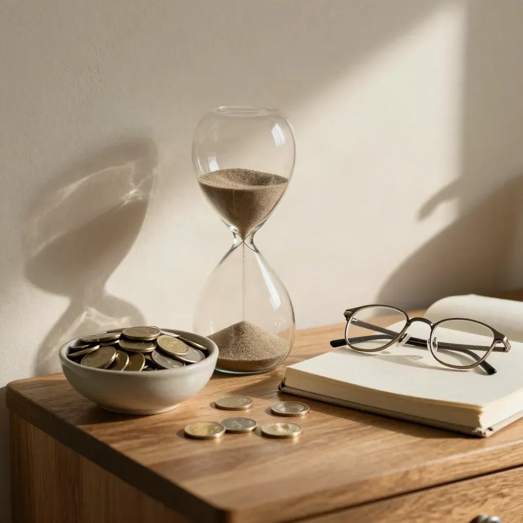 Sand läuft im Stundenglas neben Münzschale, Notizbuch und Brille auf einem Wohnzimmerschrank.