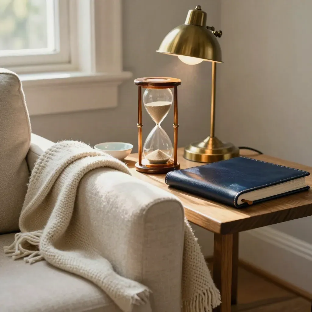 Wohnzimmer-Stillleben mit Sanduhr, Wolldecke und Ledger im warmen Nachmittagslicht