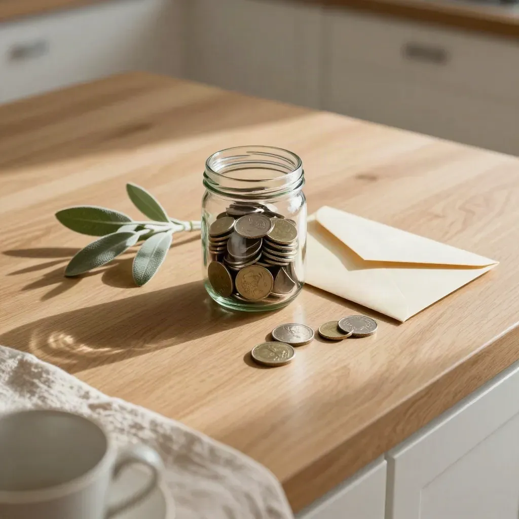 Glasgeldglas mit Münzen, gefaltetem Umschlag und Pflanze auf heller Kücheninsel im Morgenlicht.