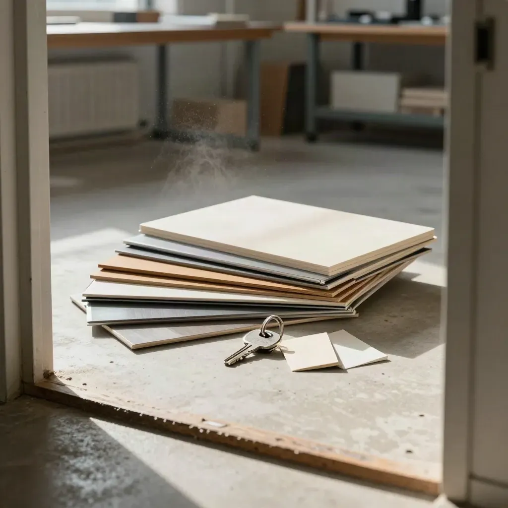 Schräger Blick ins Werkstattbüro mit Musterstapeln, geschlossenem Ordner und Metall-Schlüsselring.