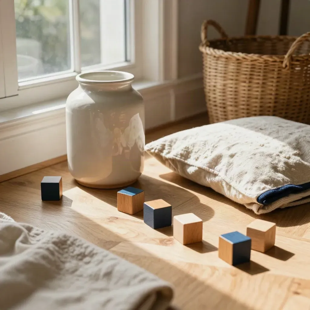 Keramikglas, Kinderspielsteine und Decke im warmen Fensterlicht