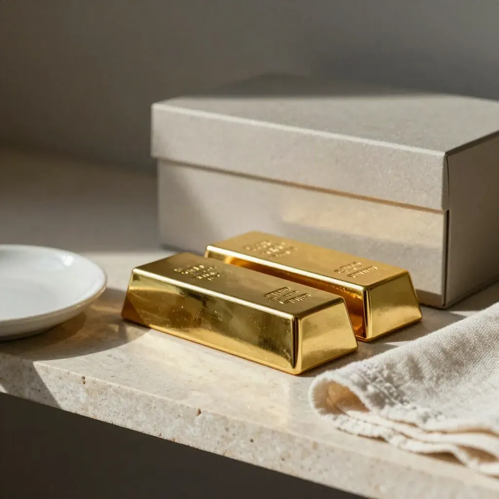 Goldbarren und Fondsbox auf hellem Steinsims im dramatischen Seitenlicht