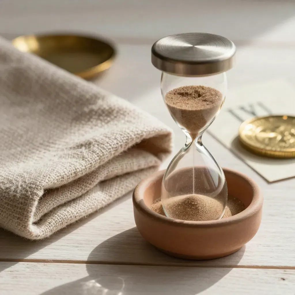 Sanduhr neben Wolltuch und Keramikschale auf hellem Holz, ruhige Finanzstimmung